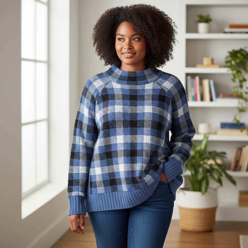 Inner Circle Sweater Blue Plaid Mock Turtleneck in Size 2X ‎ NWT